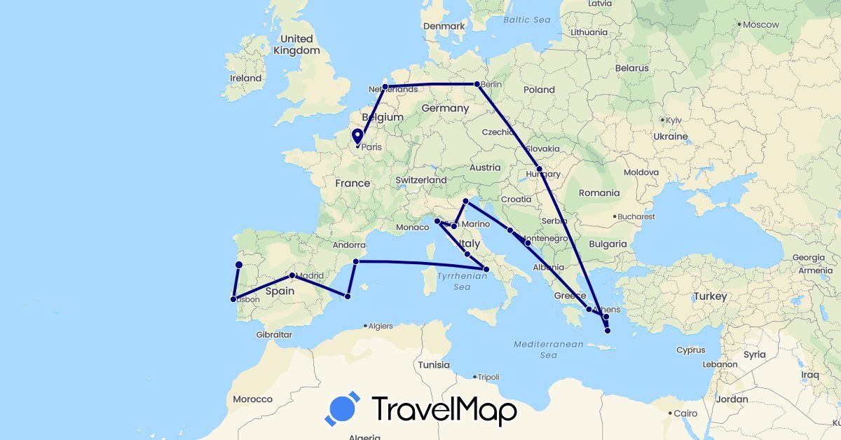 TravelMap itinerary: driving in Germany, Spain, France, Greece, Croatia, Hungary, Italy, Netherlands, Portugal (Europe)